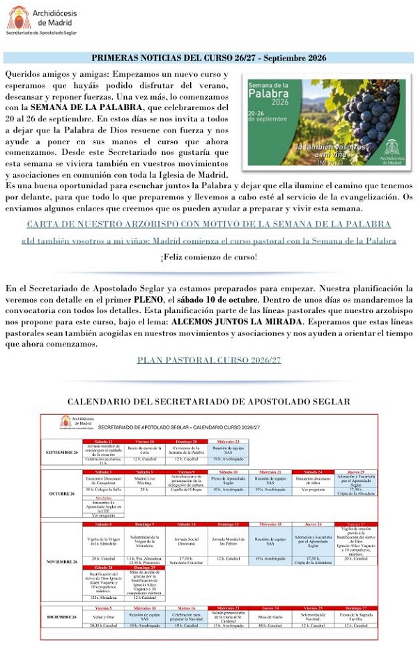 Primeras Noticias del Curso 26/27- septiembre 2026